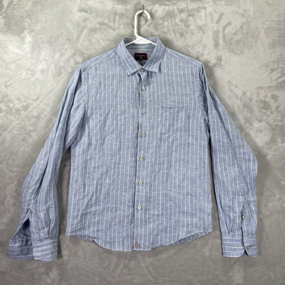 UNTUCKit Shirt Mens Small Button Up 100% Linen Slim Fit Striped Blue Long Sleeve